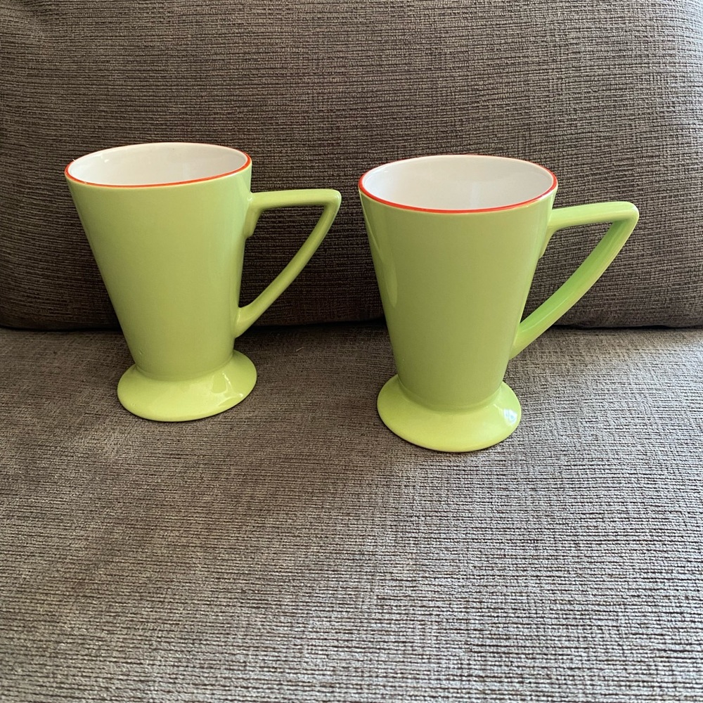 Vtg pair of lime green w/ orange trim MCM latte mugs by Churchill England